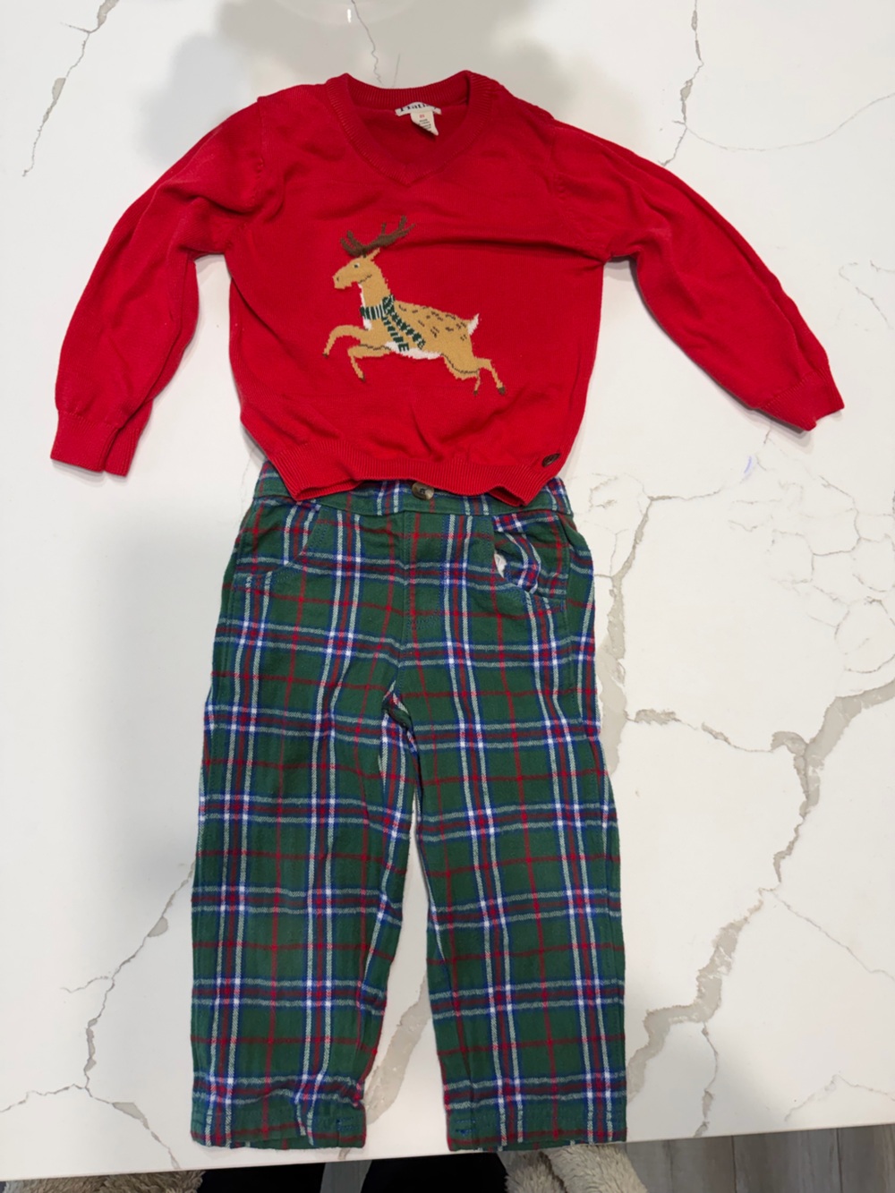 Hatley Red Holiday Sweater with Green Plaid Pants Set